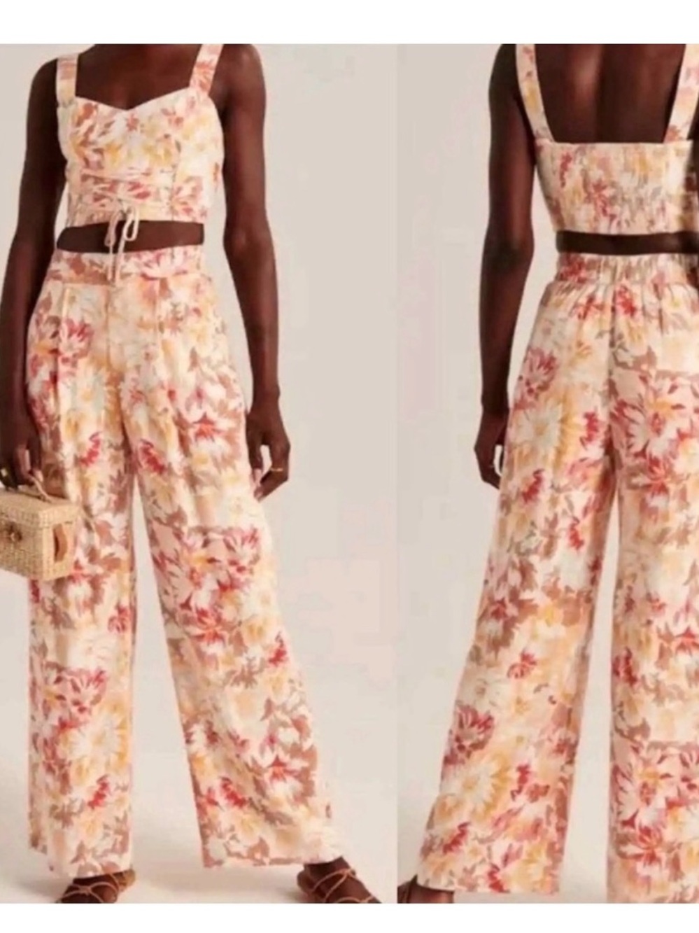 Abercrombie Linen Blend Floral Pull On Pants Wide Leg Medium Long